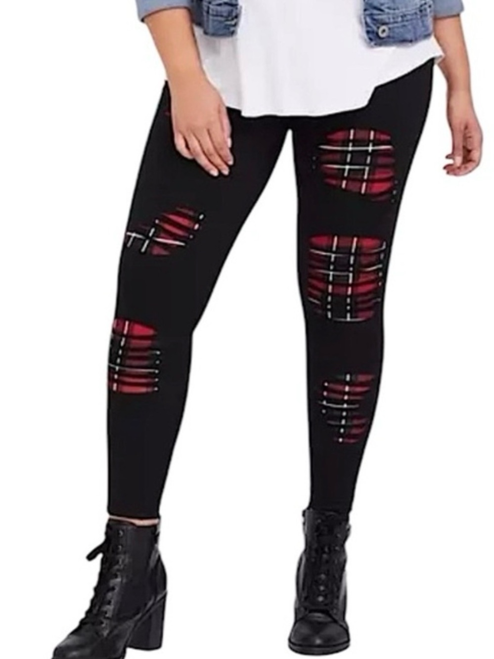 Torrid Black Leggings with Slashed Underlay Red Plaid